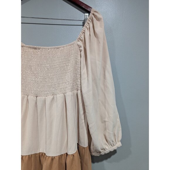 Entro Tri Color Tiered Dress Smocked Back Long Sleeve Tan Brown Boho Peasant L - Picture 14 of 16